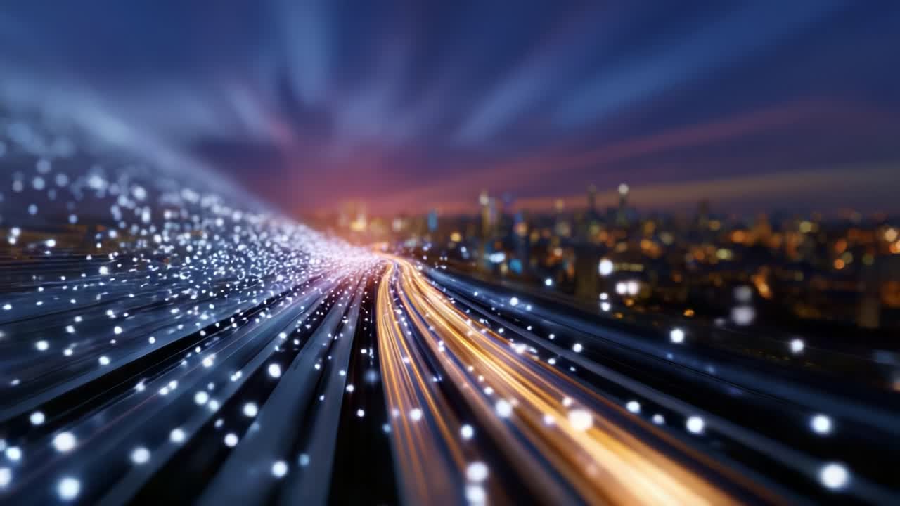 Scie luminose dinamiche ed effetti particellari su paesaggio urbano al crepuscolo, catturati in una straordinaria rappresentazione con effetto mosso e colori vivaci