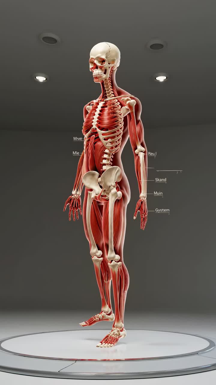 Rendering in 3D del modello anatomico del sistema scheletrico e muscolare umano, mostrato da un angolo laterale