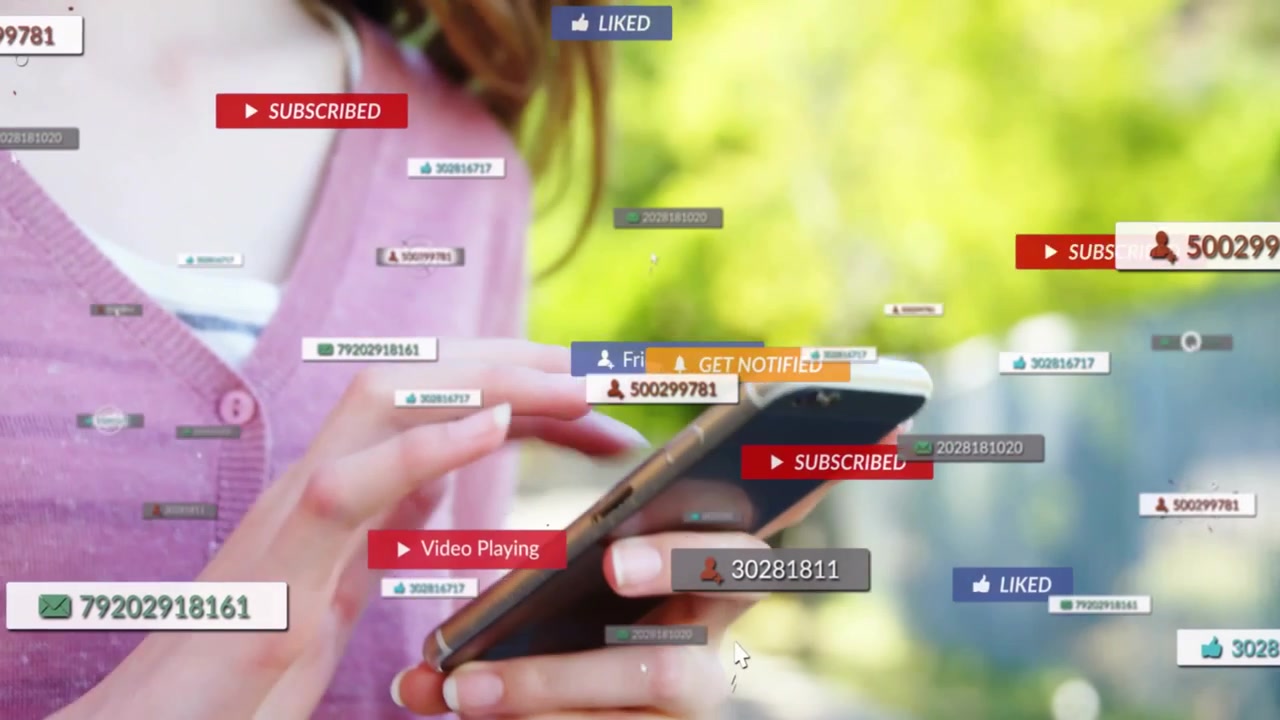 Teenage girl tapping smartphone on sunlit path, causing social badges flooding face, seeking likes