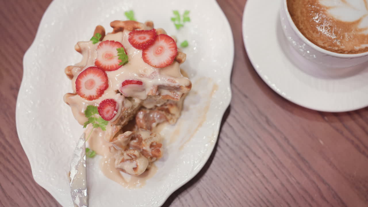 Top view of partially eaten waffle topped with fresh strawberries and creamy sauce on elegant ceramic plate, placed beside frothy latte on wooden table, capturing cozy and indulgent breakfast moment