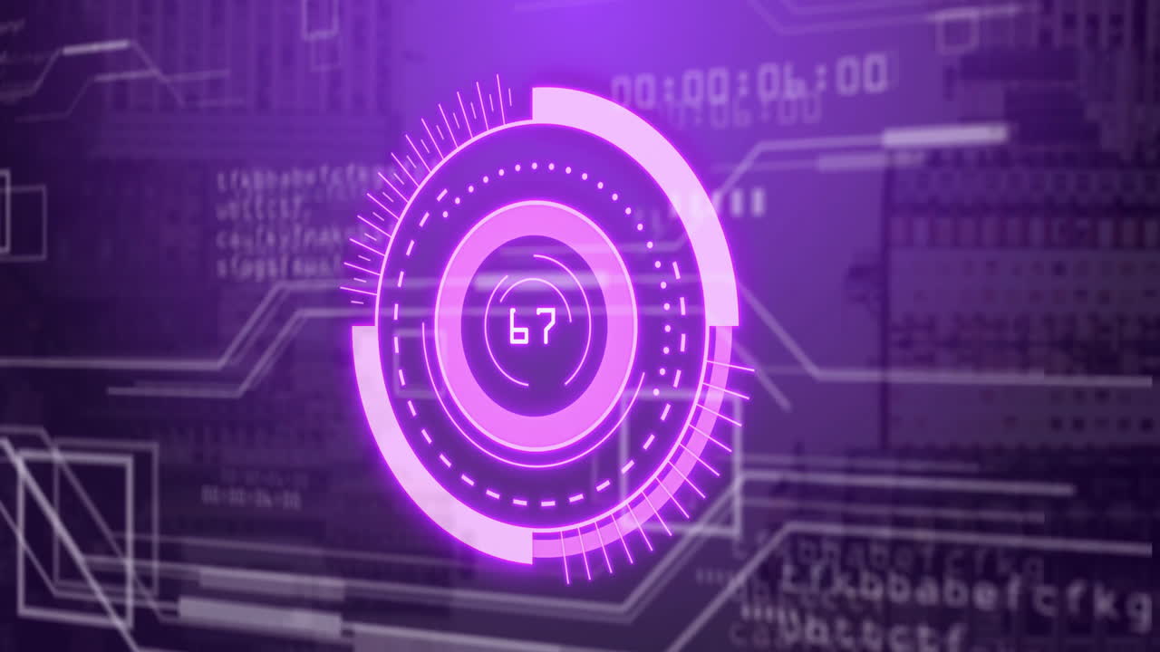 Elementi e numeri rotanti in un'interfaccia digitale futuristica, animazione di elaborazione dati