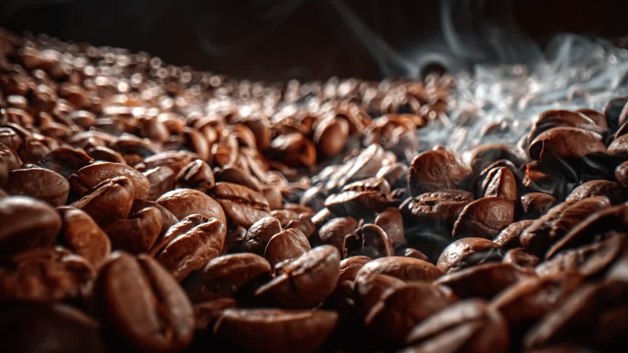 Close up of seeds of coffee. Fragrant coffee beans are roasted smoke comes from coffee beans.