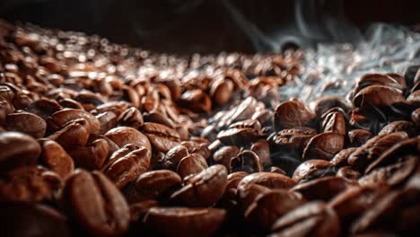 close up of seeds of coffee. fragrant coffee beans are roasted smoke comes from coffee beans.