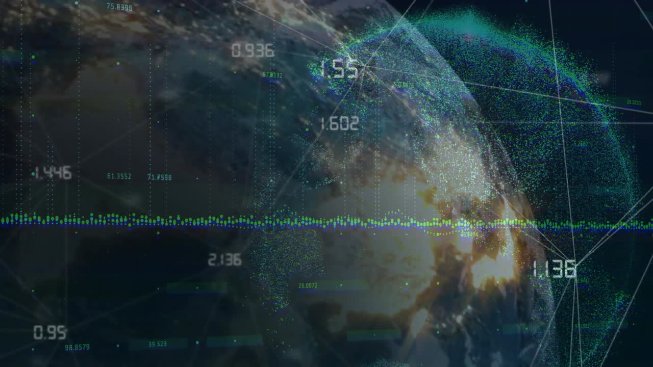Camera initiating zooming to Earth, revealing shell, nodes linking, metrics updating showing trends