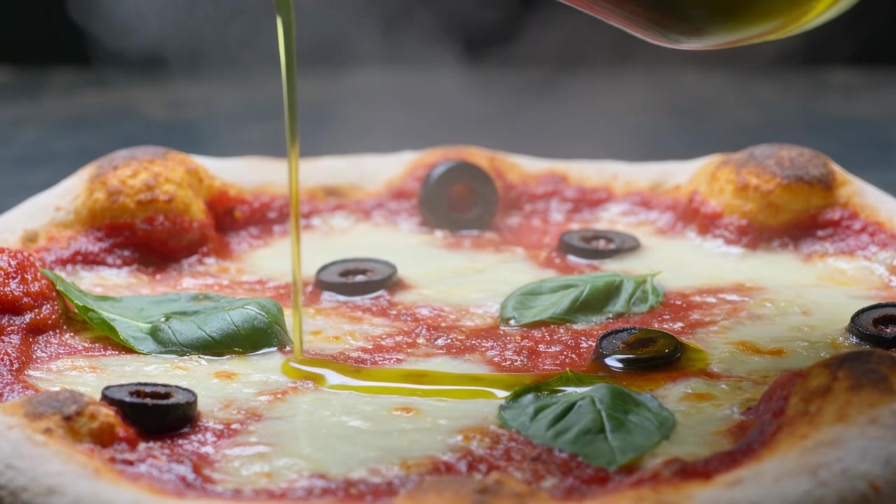 Ampolla che entra nell'inquadratura e versa un filo d'olio d'oliva su una pizza napoletana sul bancone, aggiungendo lucentezza.