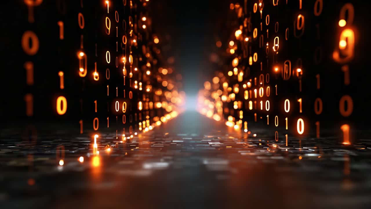 A Glimmering Digital Corridor of Binary Code: An Ethereal Journey Through a Stream of 0s and 1s Illuminated by Radiant Light and Flickering Particles, Evoking a Sense of Wonder and Technological Intrigue