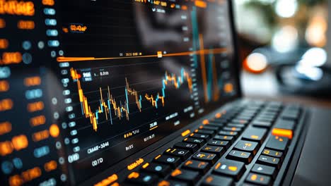 financial data analysis on a laptop with vibrant market graphs