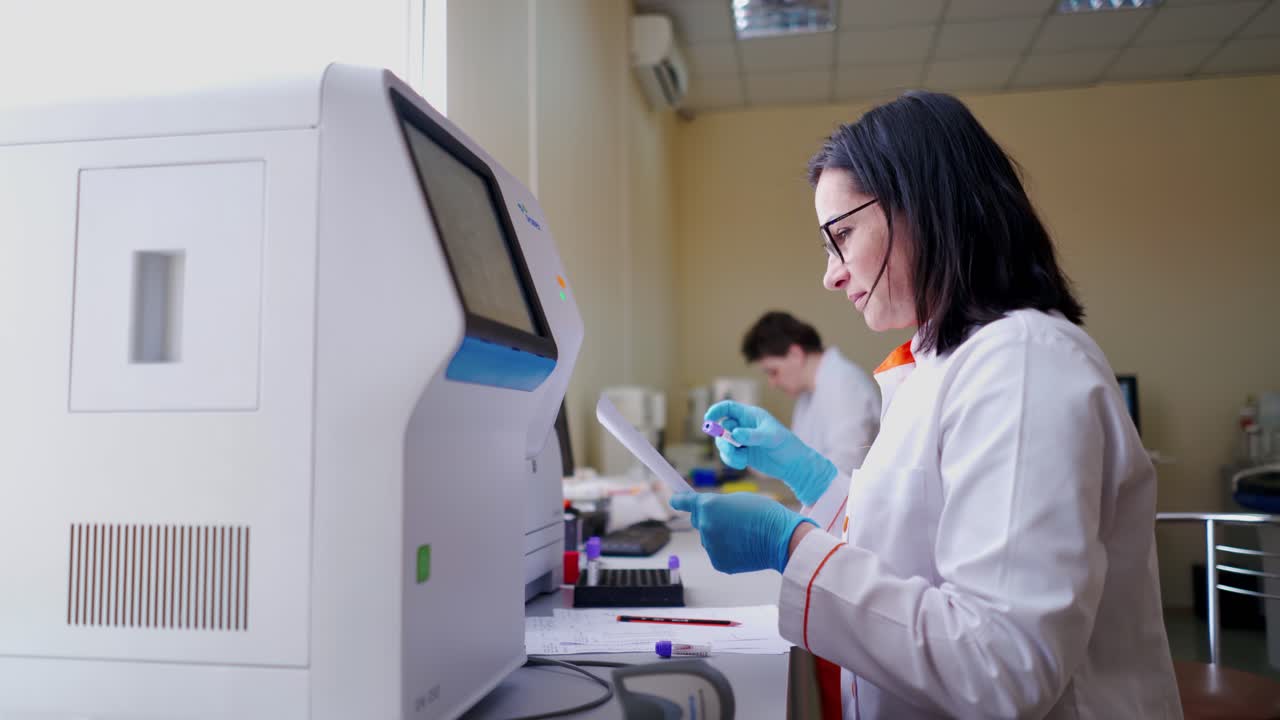 Specialist with blood samples in the laboratory. Female technician in medical uniform working at modern machine in the research laboratory.