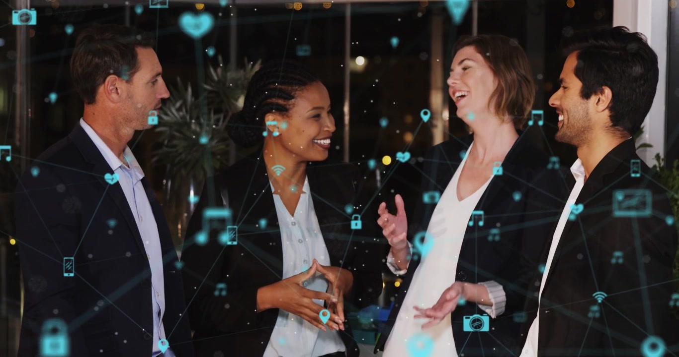 Animation icons connected with lines over diverse coworkers smiling and talking in office