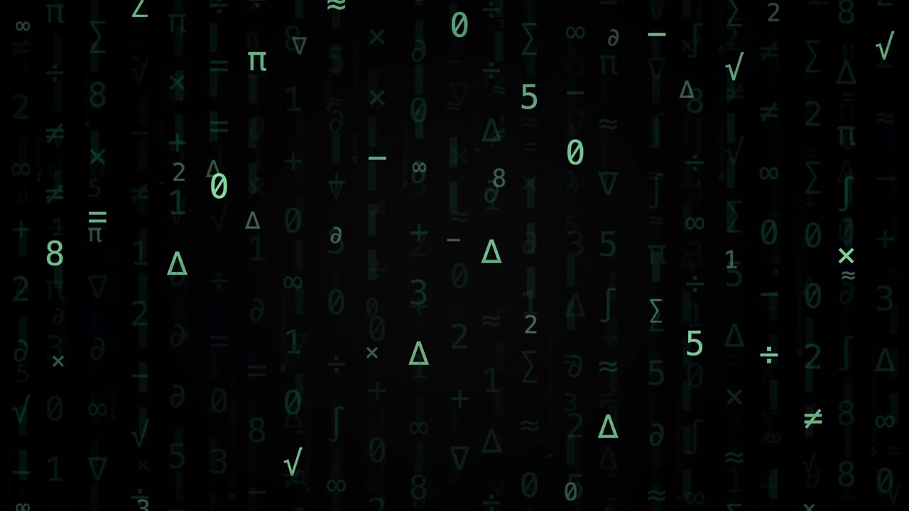 Green mathematical symbols and numbers fall vertically against a black background in digital rain style