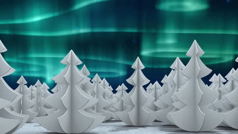 animation of green and blue aurora borealis lights moving over white fir trees