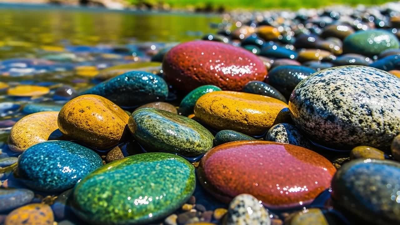 A Vibrant Collection of Colorful Stones by the Water: A Close-Up View of Smooth Pebbles Reflecting Nature's Palette and Serenity in a Tranquil Setting