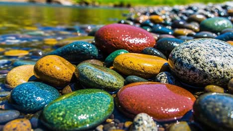 a vibrant collection of colorful stones by the water: a close-up view of smooth pebbles reflecting nature's palette and serenity in a tranquil setting