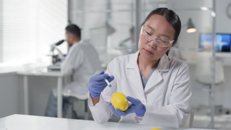 asian biologist injecting lemon with gmo