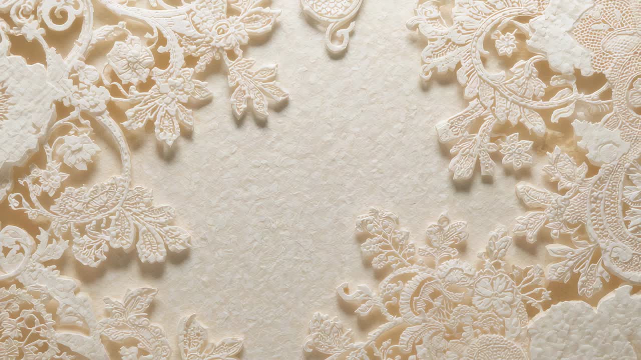 Shifting camera revealing ivory lace assembly on tabletop, showing embossed paper and pendant
