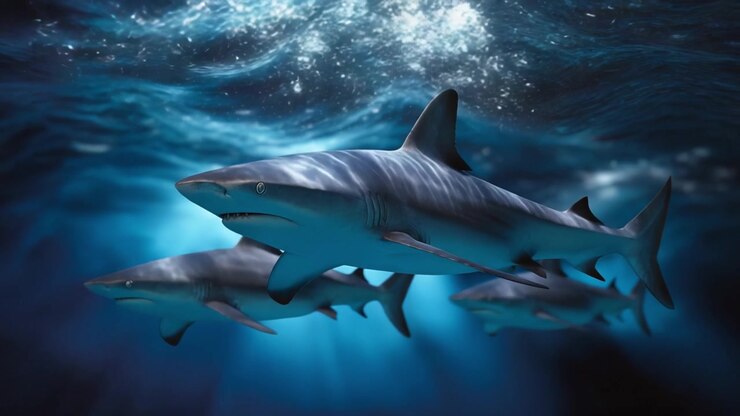 A captivating underwater scene showcasing a group of three sleek sharks gliding gracefully through the deep blue ocean waters, highlighting their majestic movements and beauty.