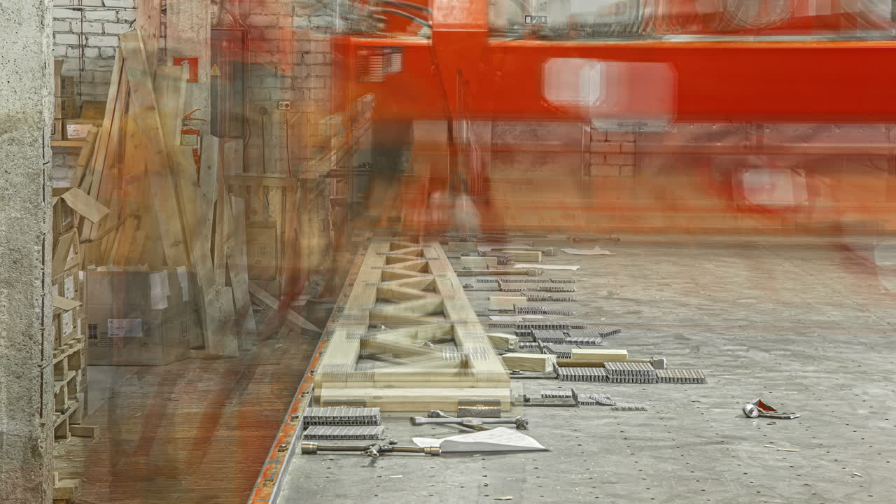 강력한 구조적 결합을 위해 지지 브라켓을 목재 지붕 트러스로 누르는 기계 - 시간 경과