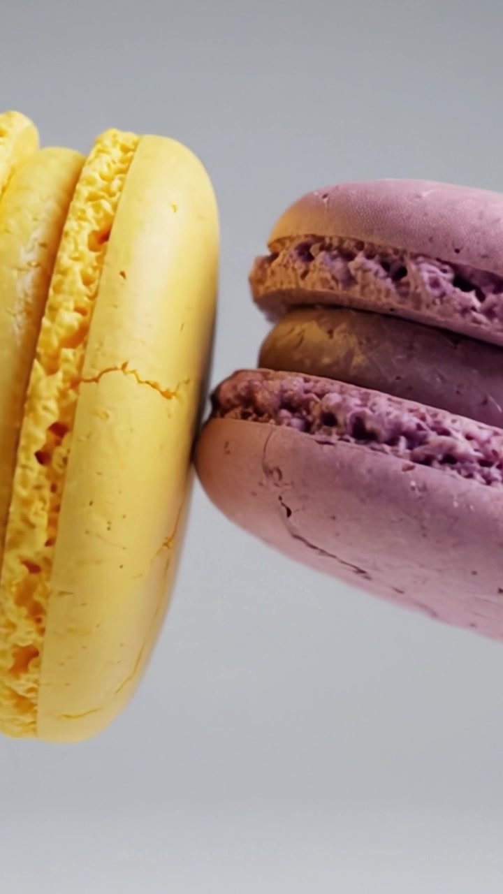 Colorful Floating Macarons in Motion: A Delightful Display of Gourmet Treats Captured in Two Dynamic Frames, Showcasing Their Vibrant Hues and Textures