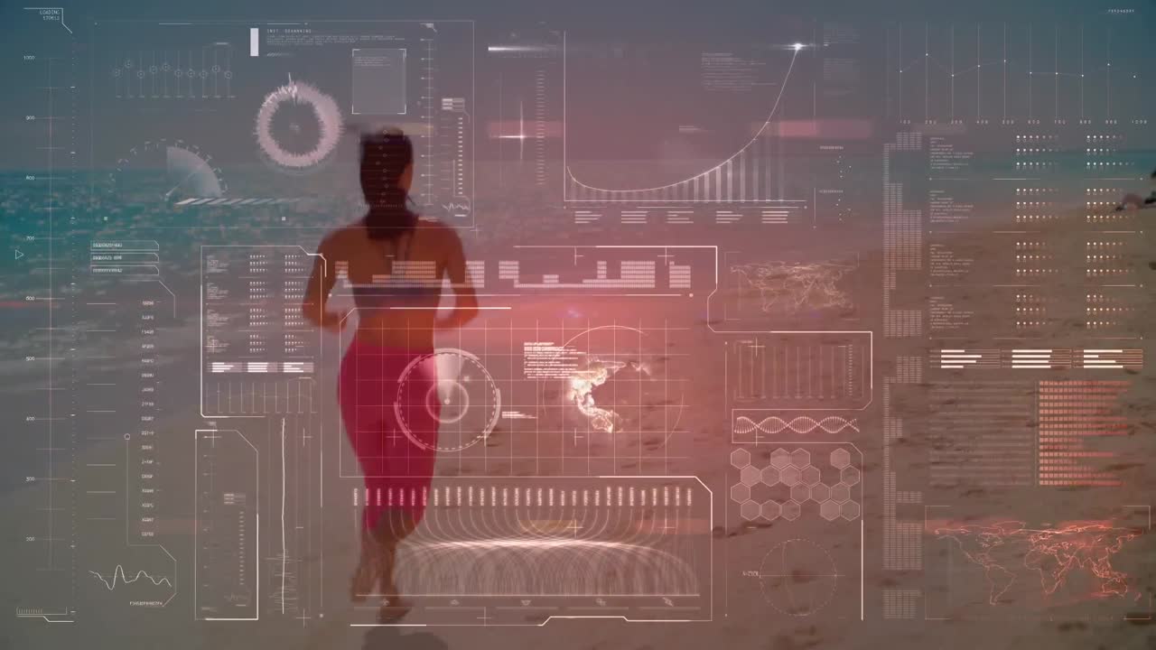 animación del procesamiento de datos sobre la mujer en forma corriendo