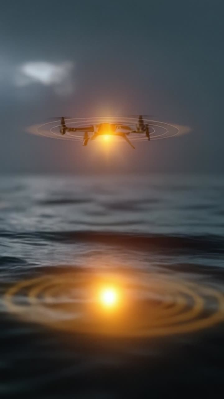 Un drone misterioso illumina la superficie dell'acqua con pulsazioni luminose, creando effetti visivi mozzafiato in un'atmosfera fiocamente illuminata.
