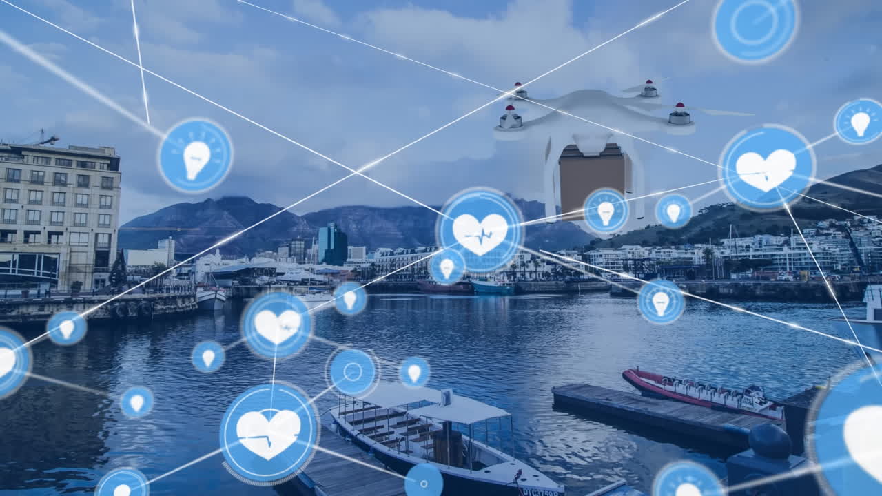 패키지를 운반하는 드론을 통해 아이콘으로 연결된 네트워크의 애니메이션