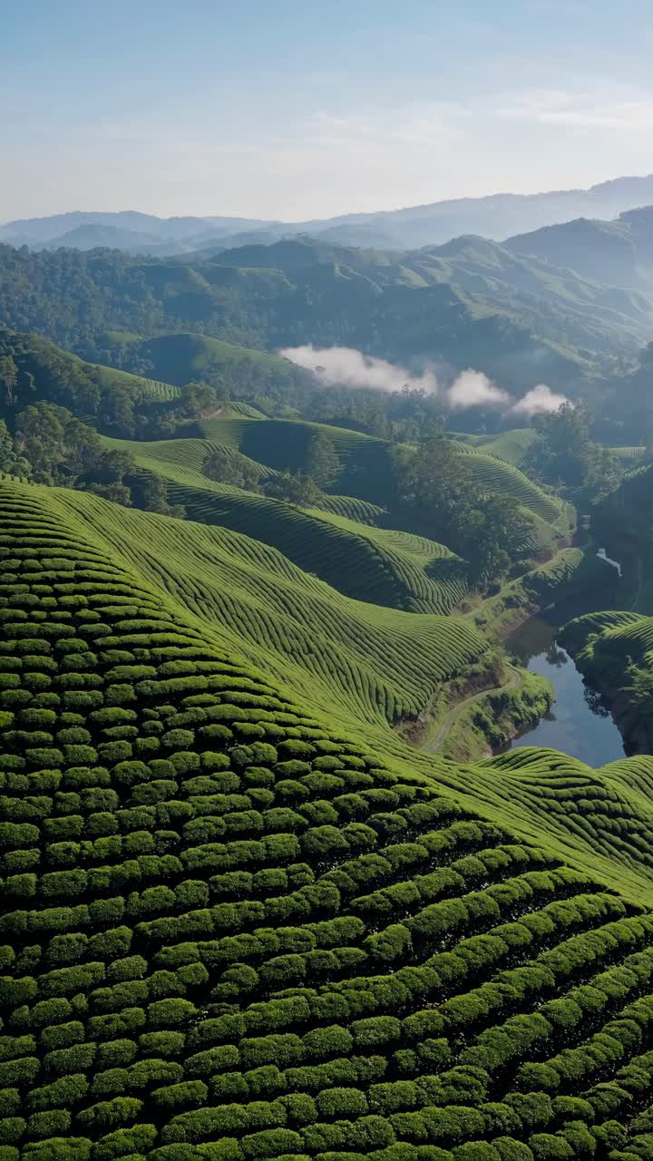 Video aereo di rigogliose piantagioni di tè verde con dolci colline e nebbia, che mostra un ambiente sereno