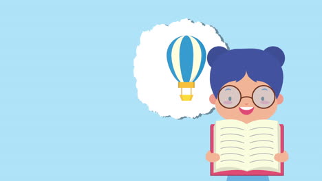celebración del día mundial del libro con una niña y un globo de aire caliente