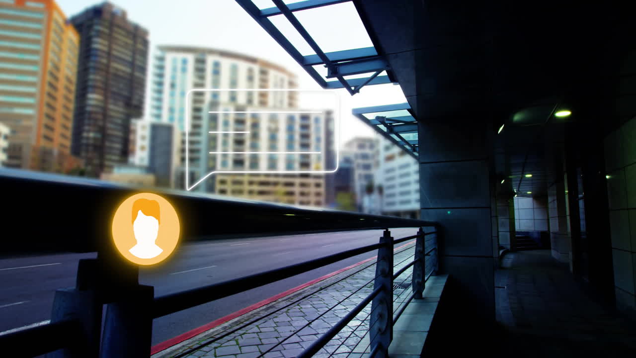 Cityscape with buildings and chat bubble animation over urban street scene