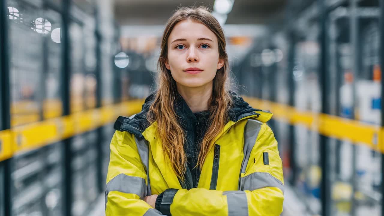 A confident worker in a safety jacket stands with arms crossed in a warehouse setting, symbolizing strength, professionalism, and safety in the workplace