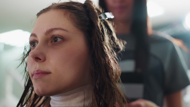 individual concentrates as stylist arranges hair carefully, person sits attentively while stylist arranges hair in salon, customer remains focused during hair styling in cozy salon environment