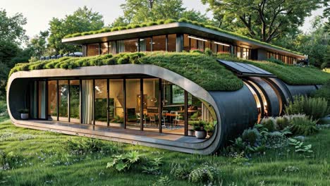 modern eco-friendly house with green roof in lush landscape