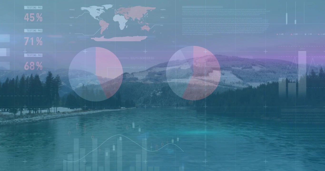 Data Analytics Overlay on Scenic Winter River Landscape