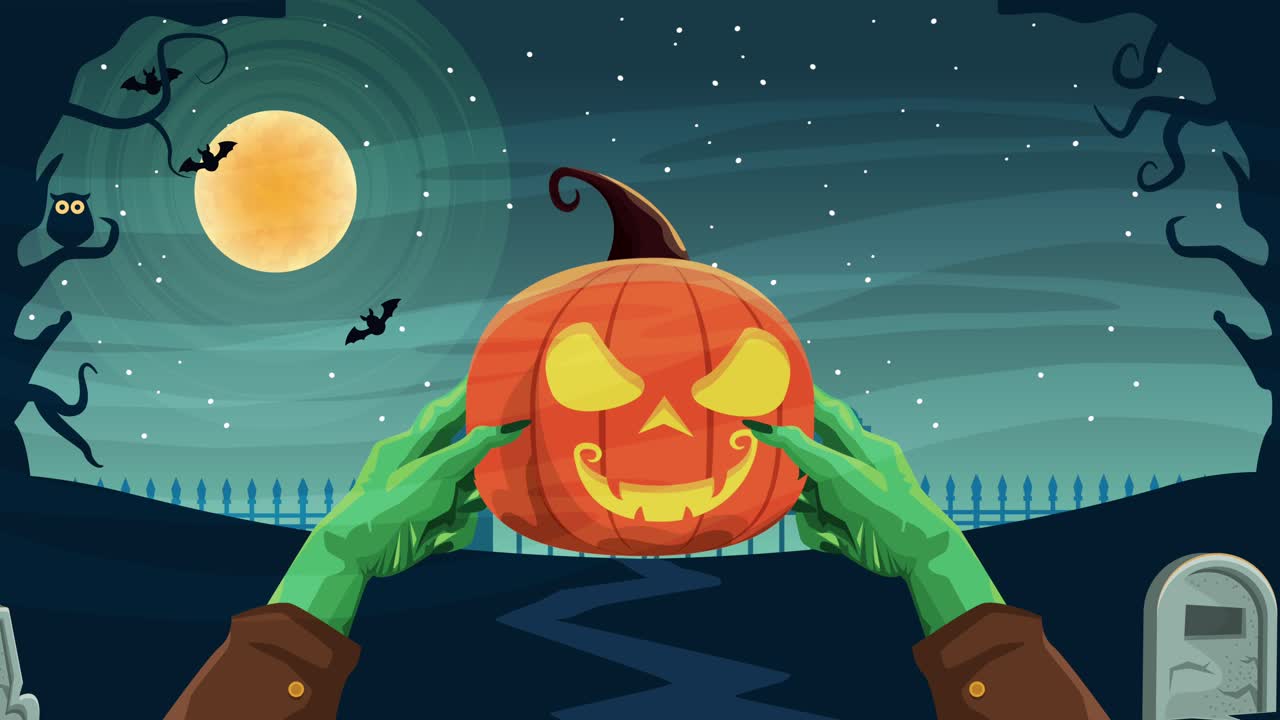 feliz halloween escena animada con frankstein levantando calabaza en el cementerio