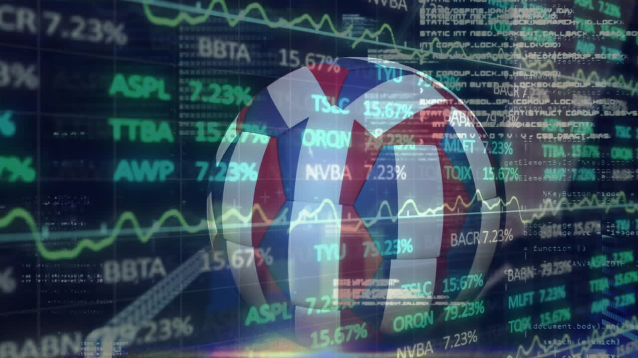 Animation of stock market data and graphs overlaying soccer ball in school
