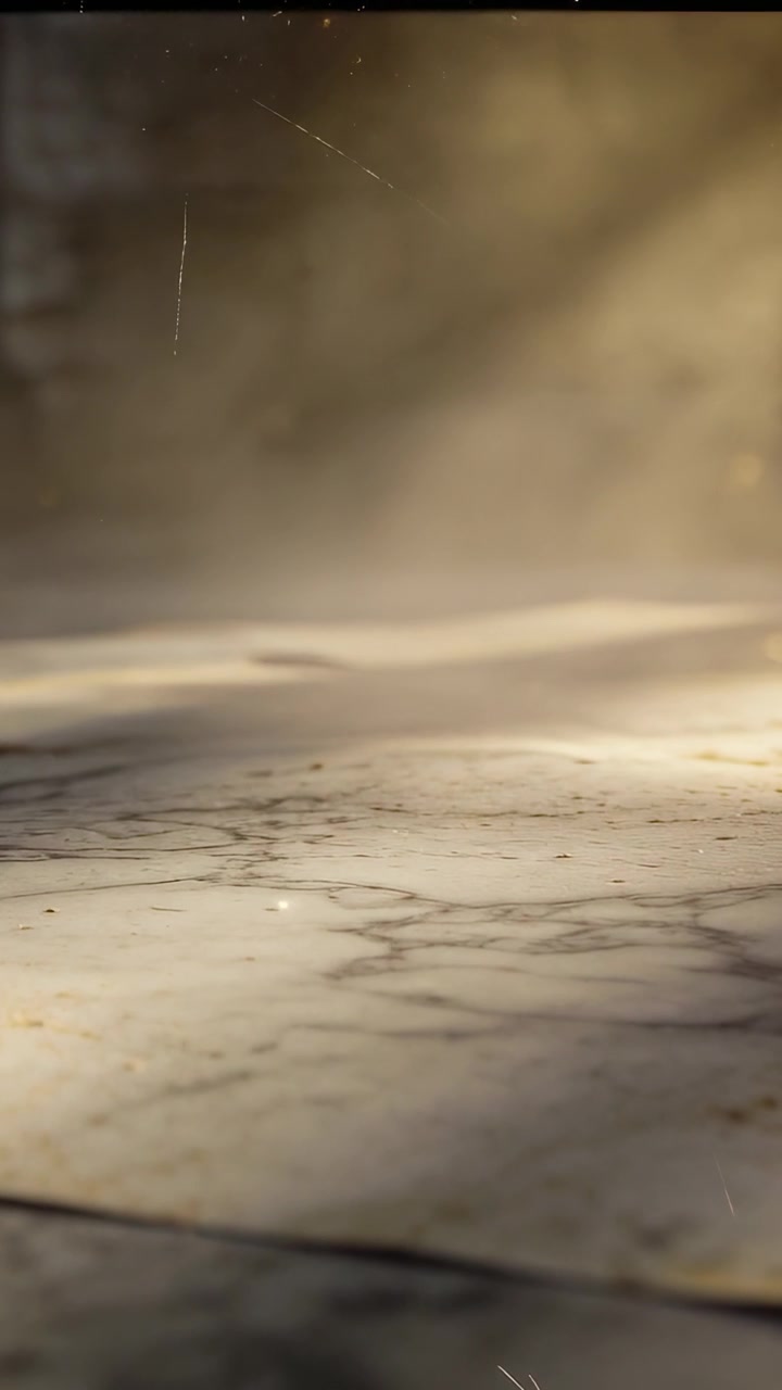 Vertical video: Drifting haze revealing marble on set, softening back with dust, bokeh, film border