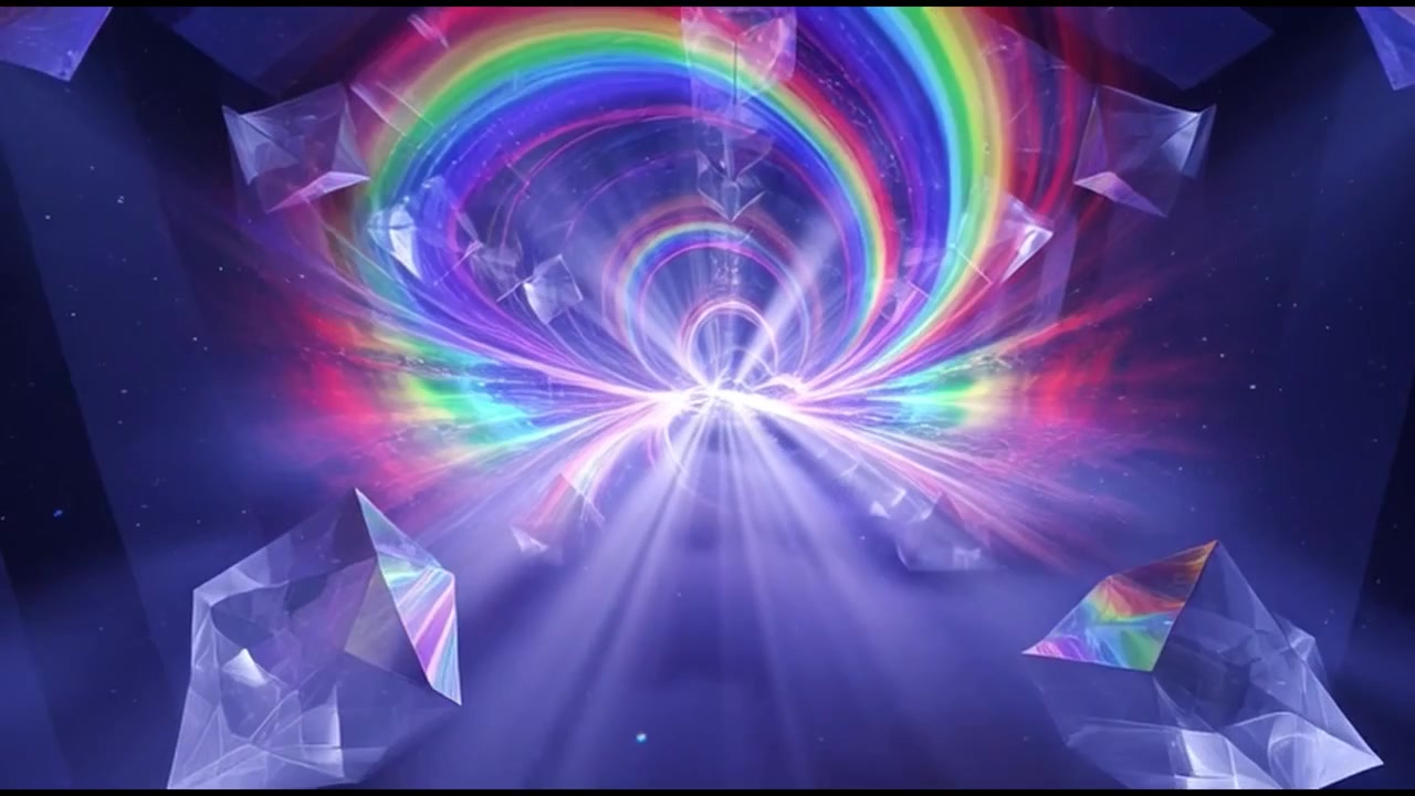 Sfondo animato astratto con cristalli fluttuanti e tunnel di luce arcobaleno luminoso