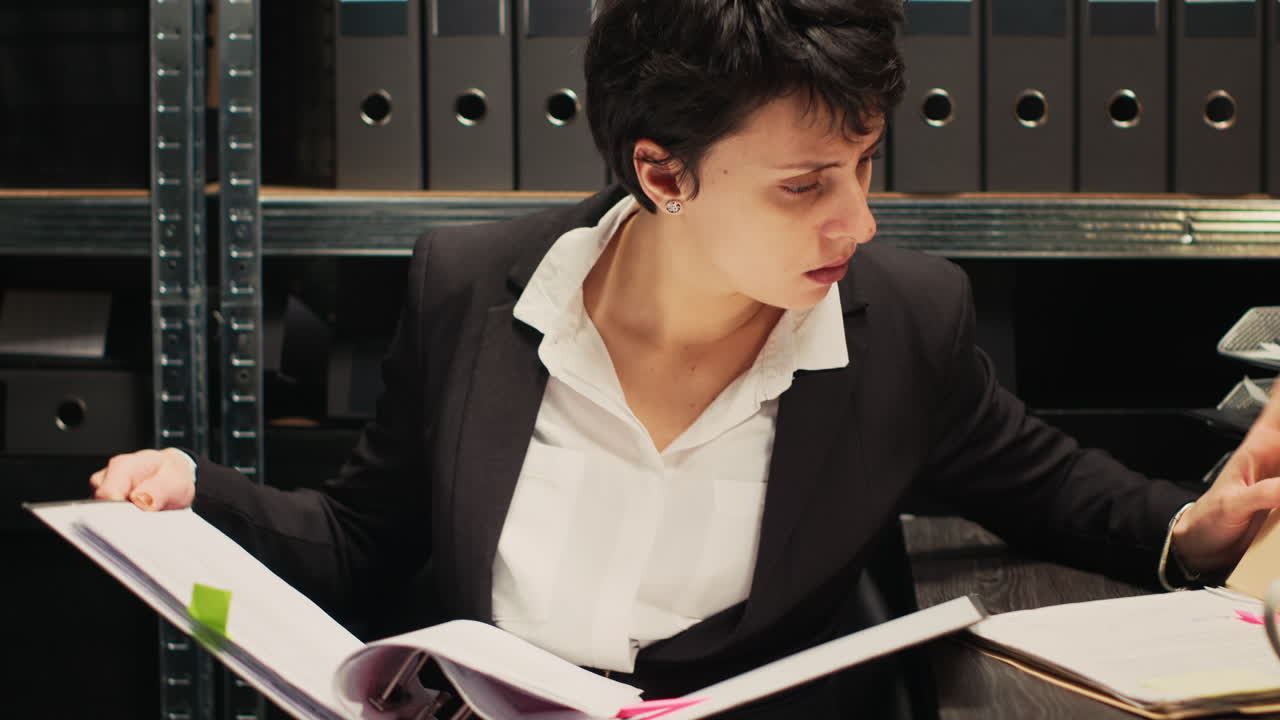 Businesswoman in office reviewing files