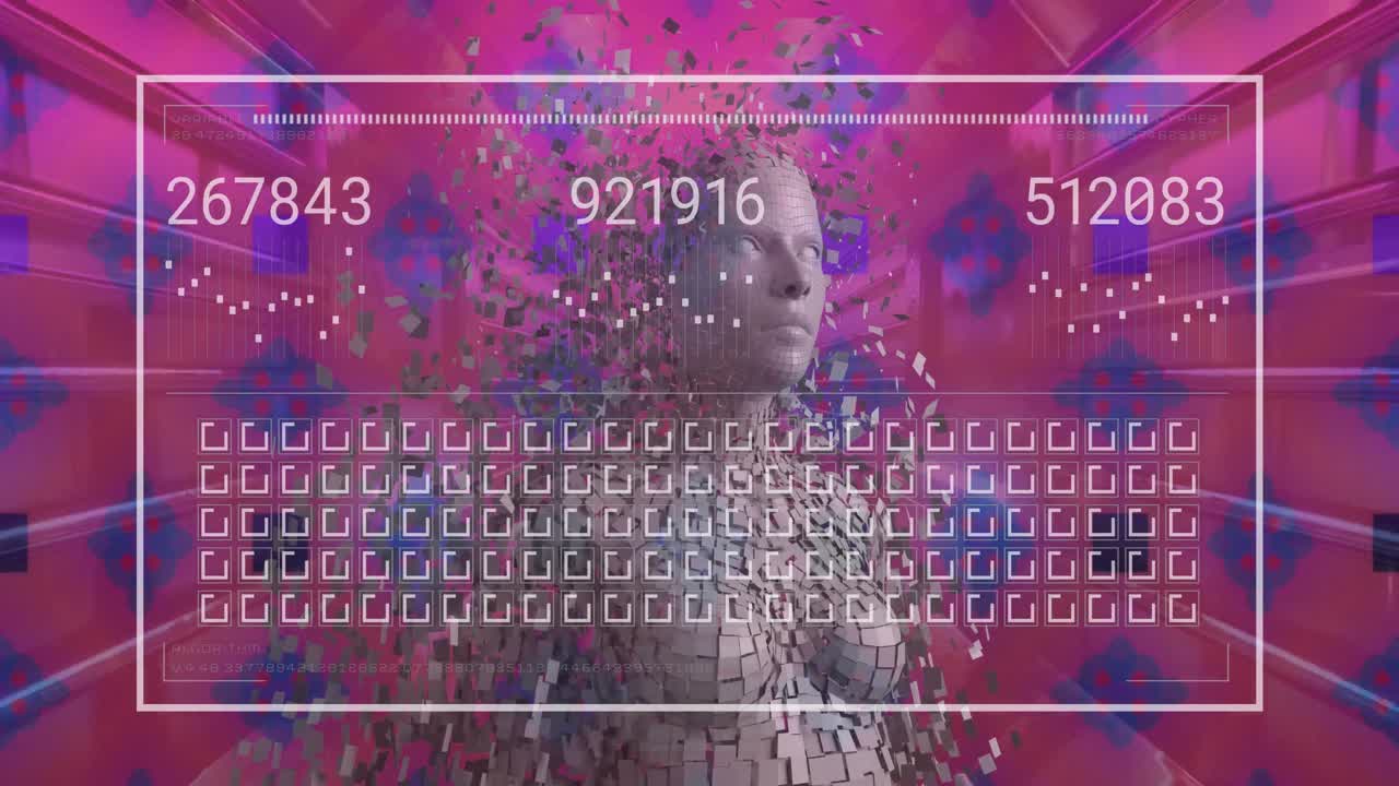 animación de procesamiento de datos y formas humanas digitales sobre fondo púrpura