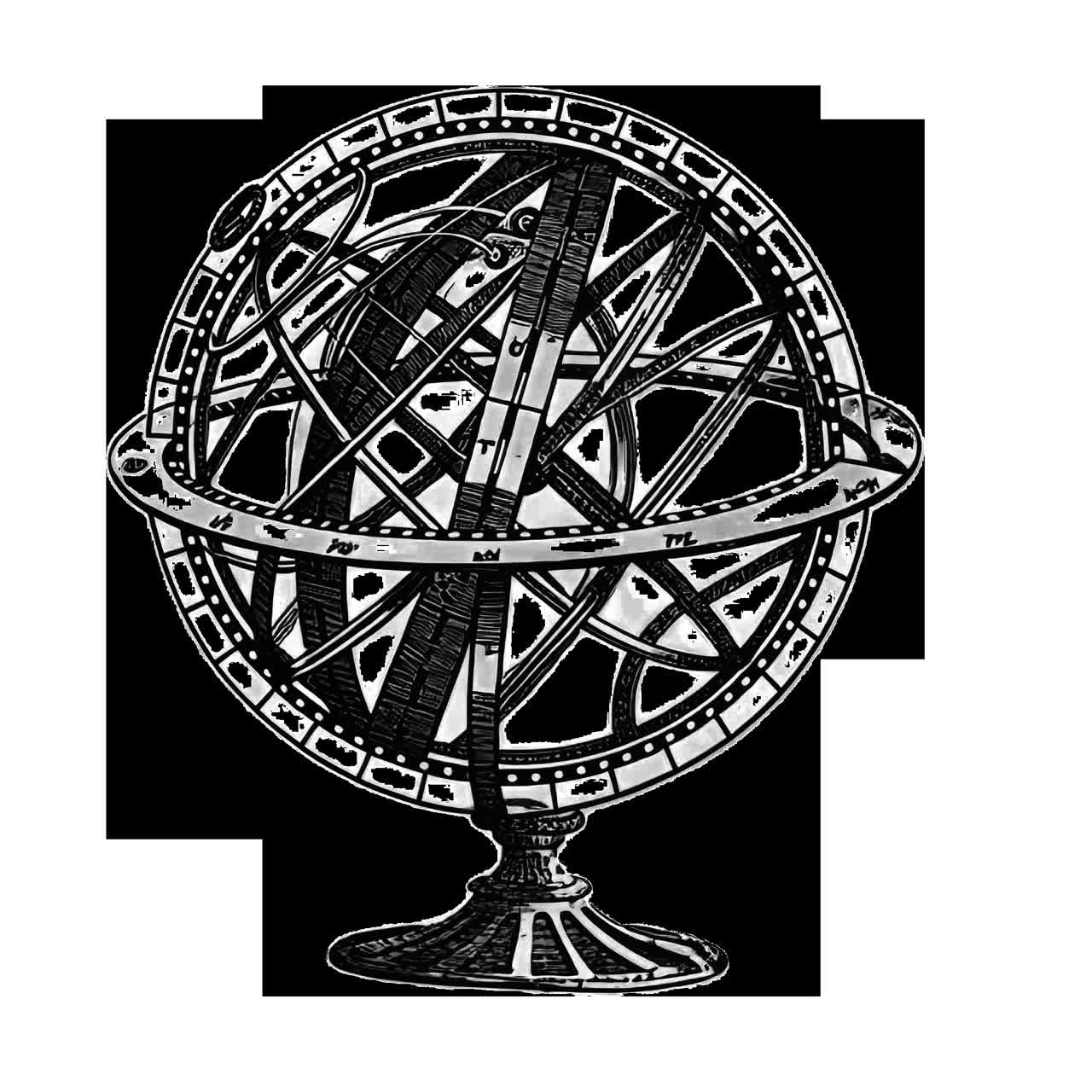 Animace ilustrace vintage astronomické armilární sféry, izolovaný prvek, transparentní 4K video.