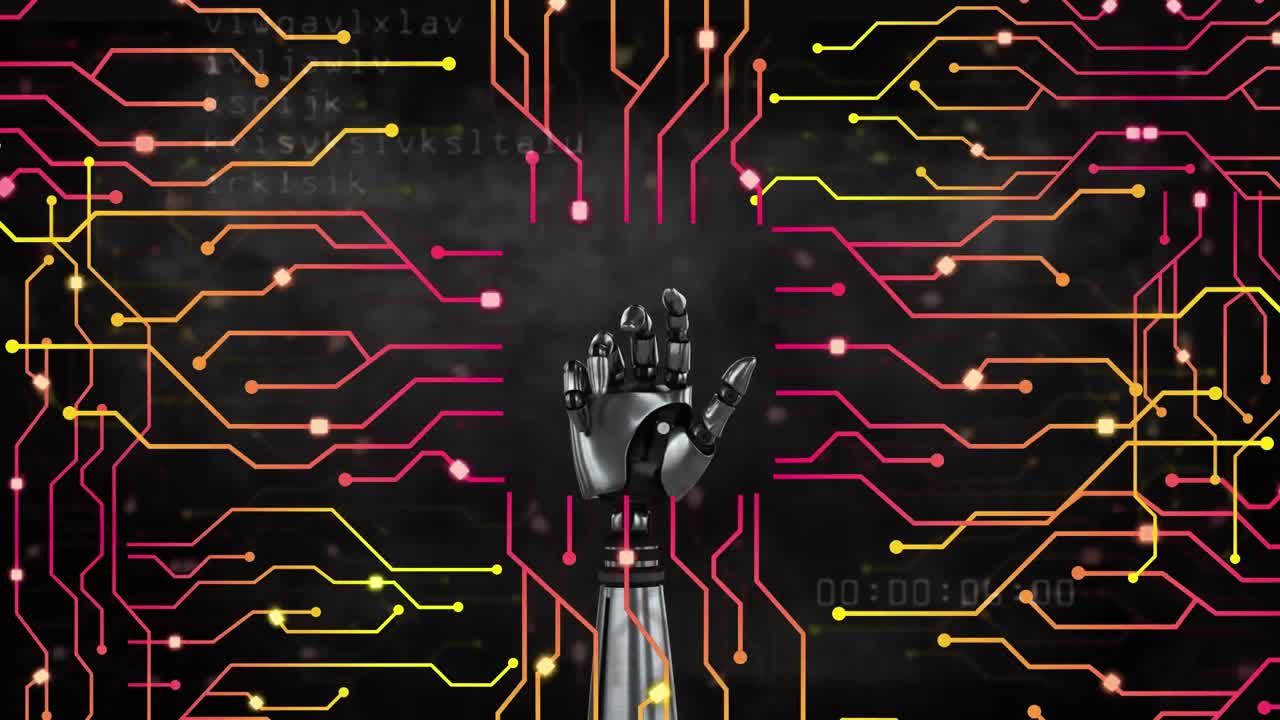 Animation of ai data processing over robot's arm and circuit board background