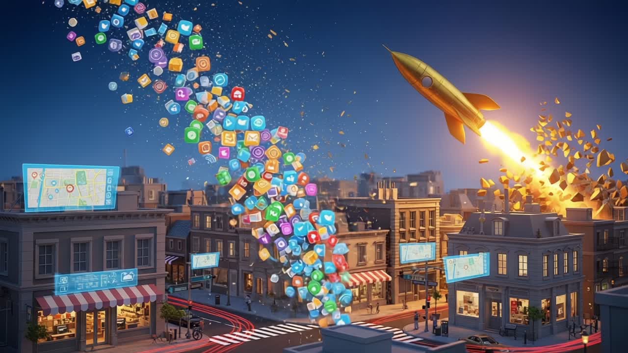 A Vibrant Cityscape Transformed: A Rocket Launching into the Night Sky Amidst a Cascade of Colorful Digital Icons and Symbols Representing Innovation and Connectivity