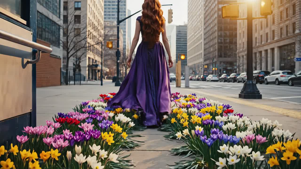 Woman in Purple Dress Walking on Flower-Lined City Street