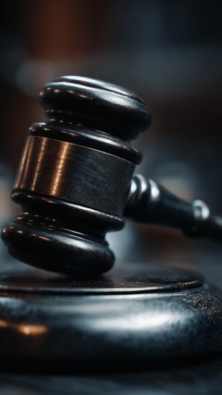 Un primo piano di un martelletto che poggia su un blocco sonoro, a simboleggiare la giustizia e i procedimenti legali in un'aula di tribunale.
