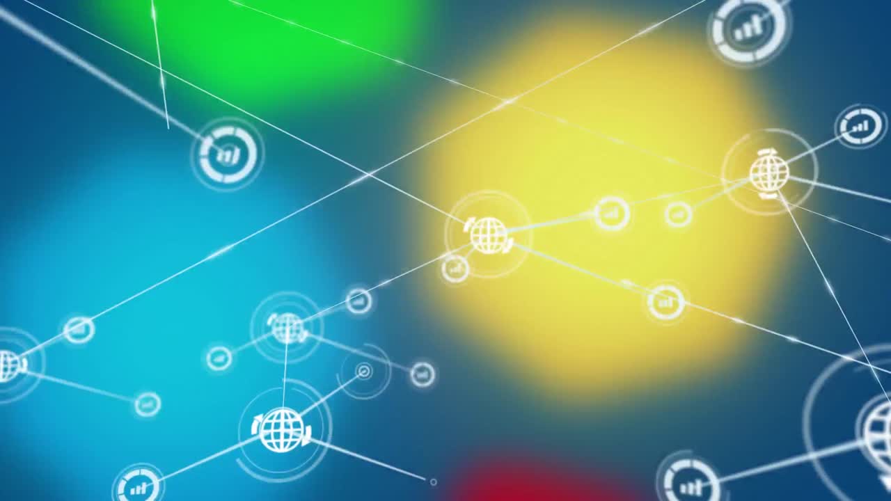 animación de íconos de globos y gráficos conectados con líneas sobre llamaradas de lentes multicolores