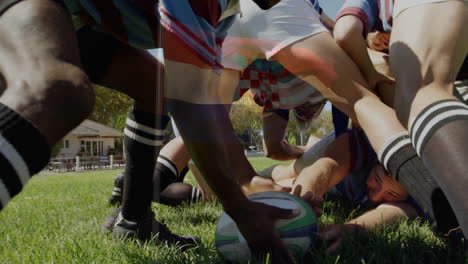 competing for ball, rugby players in action during intense match on field animation
