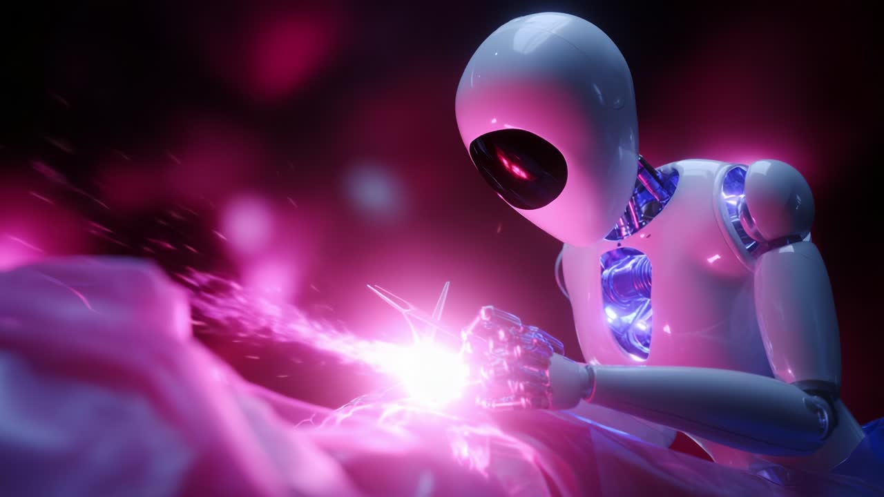 A futuristic humanoid robot engaging in advanced technological tasks, showcasing intricate welding or crafting abilities while illuminated by striking pink lights, highlights the intersection of robotics and creativity