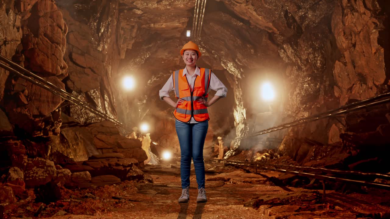 Full Body Of Asian Female Engineer Wearing Safety Helmet Looking At Camera While Standing With Arms Akimbo In Underground Mine Tunnel