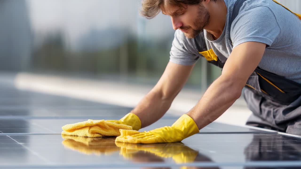 A diligent worker meticulously cleans solar panels, ensuring optimal performance and efficiency through careful maintenance, utilizing a yellow cloth to wipe away dust and dirt on a bright, sunny day