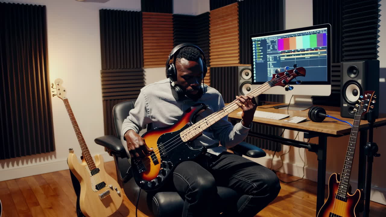 Man playing bass guitar in a music recording studio