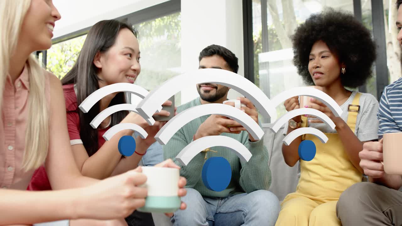 Central man tapping phone group with mugs in living room animating WiFi-arcs over laps showing tech